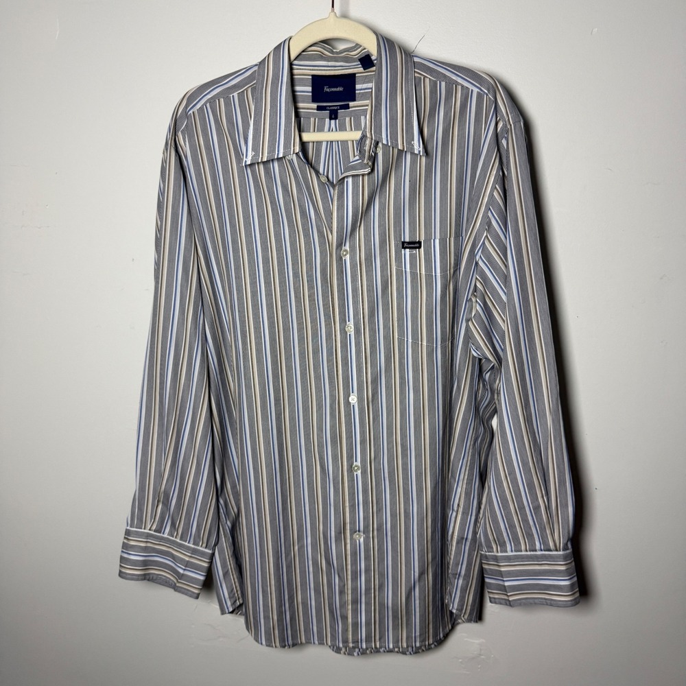 Faconnable Classique Men L Stripe Button Down Shirt Blue Brown White Long Sleeve